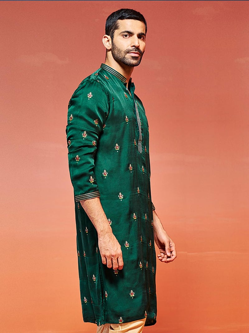 VASTRAMAY Men's Bottle Green Silk Blend Kurta | Wedding & Festive Ethnic Wear | Ideal for Traditional, Haldi, Sangeet & Reception Functions - Image 3