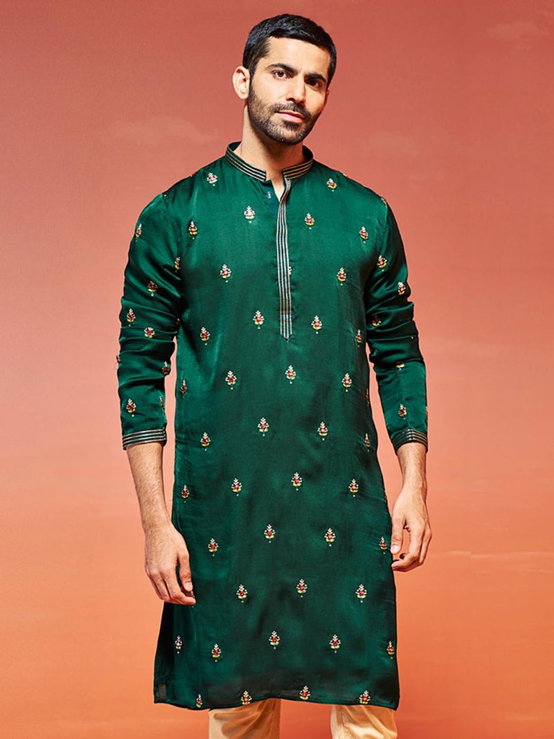 VASTRAMAY Men's Bottle Green Silk Blend Kurta | Wedding & Festive Ethnic Wear | Ideal for Traditional, Haldi, Sangeet & Reception Functions - Image 2