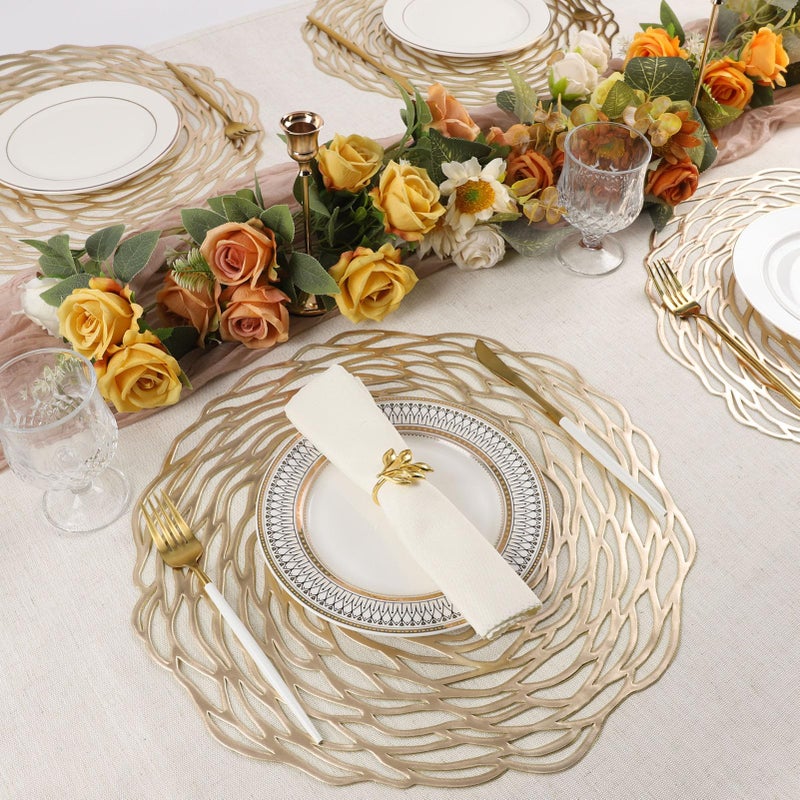 Evevda Evevde Gold Round Placemats for Dinner Table Set of 6 Metallic Plastic Vinyl Place Mats No-Slip Wipeable 6Pcs Table Mats for Daily Use Wedding Anniversary Kitchen Table Decoration(Dia:15inch/38cm) - Image 4