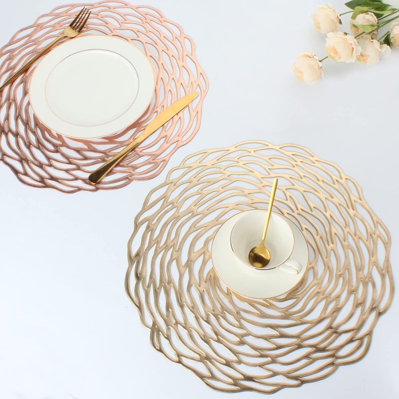 Evevda Evevde Gold Round Placemats for Dinner Table Set of 6 Metallic Plastic Vinyl Place Mats No-Slip Wipeable 6Pcs Table Mats for Daily Use Wedding Anniversary Kitchen Table Decoration(Dia:15inch/38cm) - Image 3