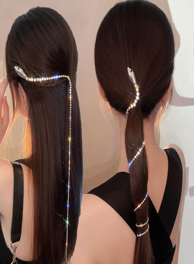 MDRTIRIM 2 PCS Full Rhinestone Snake Hair Chains Sparkle Long Tassel Crystal Headband Hair Accessories Jewelry, Punk Tassel Hair Clips Silver Decorative Hair Clips for Women Girls Wedding Party Nightclub Party - Image 2