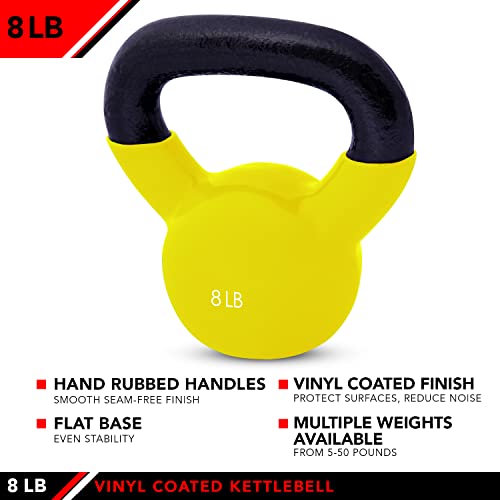 JFIT Vinyl-Coated Cast Iron Kettlebell Weight – Flat Bottom Kettlebell for Strength Training, Cross Training & Home Gym Workouts, 8LB-Yellow - Image 3