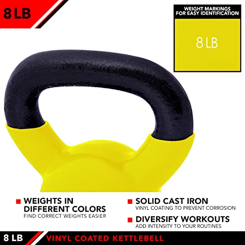 JFIT Vinyl-Coated Cast Iron Kettlebell Weight – Flat Bottom Kettlebell for Strength Training, Cross Training & Home Gym Workouts, 8LB-Yellow - Image 4