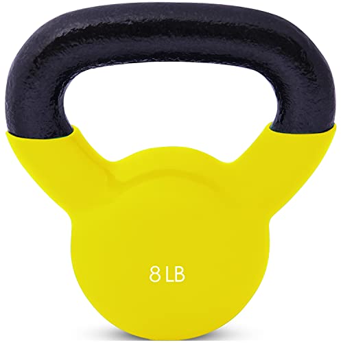 JFIT Vinyl-Coated Cast Iron Kettlebell Weight – Flat Bottom Kettlebell for Strength Training, Cross Training & Home Gym Workouts, 8LB-Yellow - Image 5