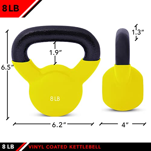 JFIT Vinyl-Coated Cast Iron Kettlebell Weight – Flat Bottom Kettlebell for Strength Training, Cross Training & Home Gym Workouts, 8LB-Yellow - Image 2
