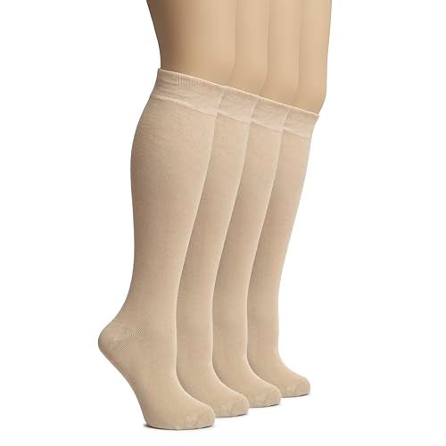 Hugh Ugoli Women's Rayon Knee High Socks | Comfort Seam Long Dress Socks, Soft & Lightweight | 4 Pairs, Light Beige/Tan, Shoe Size: 8-11 - Image 1