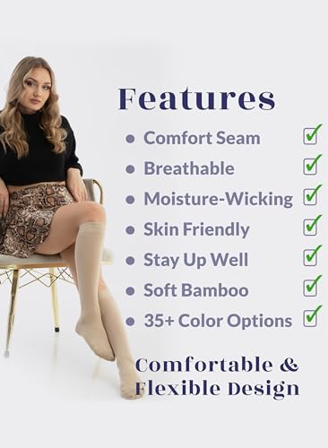 Hugh Ugoli Women's Rayon Knee High Socks | Comfort Seam Long Dress Socks, Soft & Lightweight | 4 Pairs, Light Beige/Tan, Shoe Size: 8-11 - Image 4