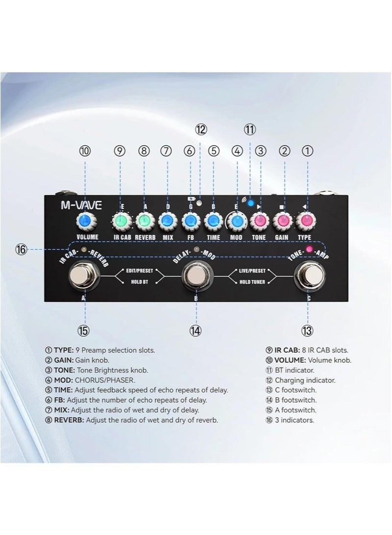 M-VAVE Multi Effects Guitar Pedal, Reverb Guitar Pedal，Delay，Chorus，Phaser，with IR Loading 9 AMP Models， Reverb Effect Pedal, Support Recording，Bluetooth 5.0 - Image 2