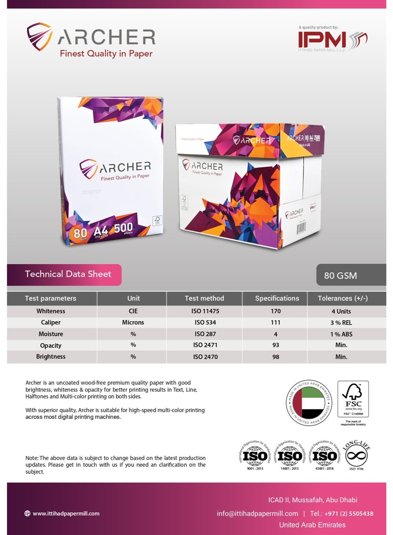Archer A4 Copy Paper 80 GSM – Multipurpose Printer Paper, High Brightness White, Smooth Finish, Jam-Free Performance, Laser & Inkjet Compatible, 5 Reams x 500 Sheets (2500 Sheets Carton) - Image 2
