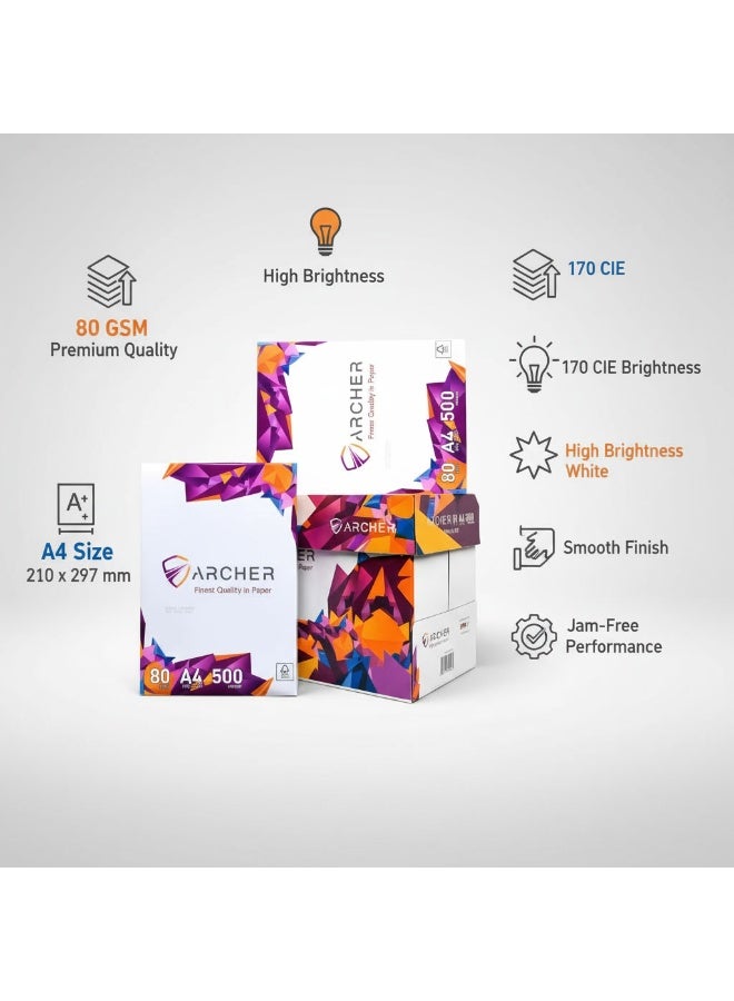 Archer A4 Copy Paper 80 GSM – Multipurpose Printer Paper, High Brightness White, Smooth Finish, Jam-Free Performance, Laser & Inkjet Compatible, 5 Reams x 500 Sheets (2500 Sheets Carton) - Image 1