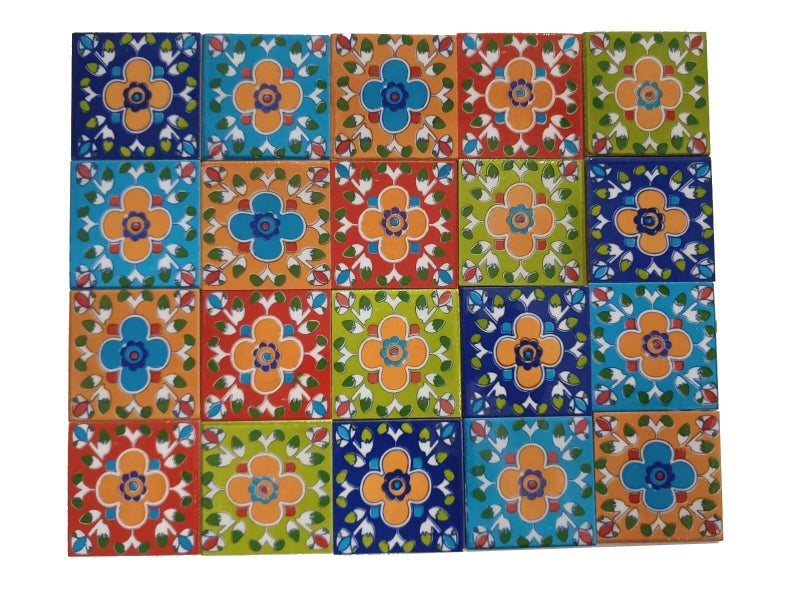 Shiv Kripa Blue Pottery Home Decorative Ceramic Wall Hanging Tile Design Flooring Tiles Floral Kitchen Washroom Mosaic Furniture Tile Handmade Backsplash 3 x 3 Inches (Pack of 20, Multicolor) - Image 1