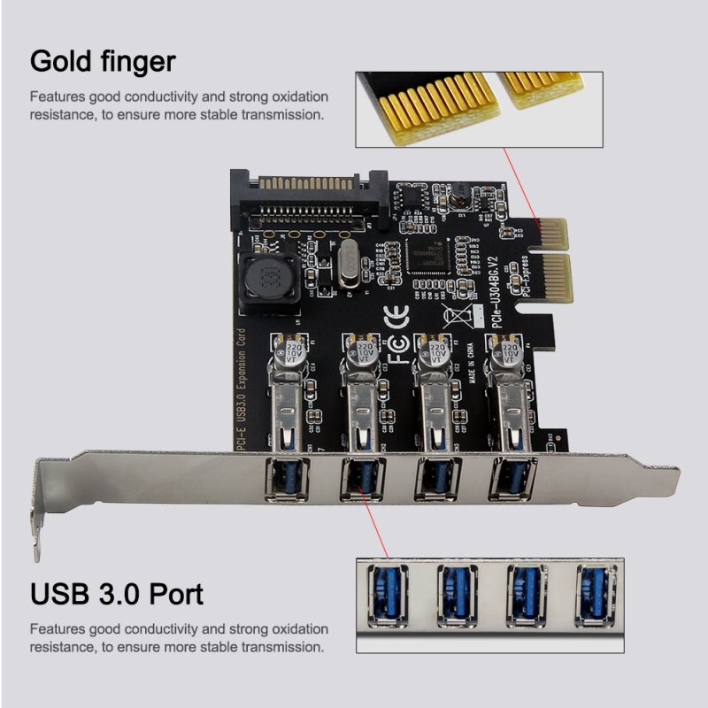 بطاقة توسعة PCI-E إلى USB 3.0: 4 منافذ USB 3.0 بسرعة تصل إلى 5 جيجابت في الثانية - تشغيل مستقر بحرارة منخفضة مع حماية للواجهة ومكثف صلب لأجهزة HTPC والحواسيب المكتبية - Image 4