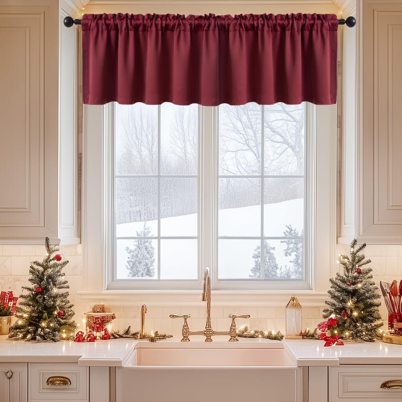 MIULEE MIULEE Christmas Wine Red Window Valance 18 Inches Long  Rod Pocket Thermal Insulated Blackout Curtain Valance for Bedroom Living Room Kitchen Bathroom One Panel 52 x 18 Inches Length
