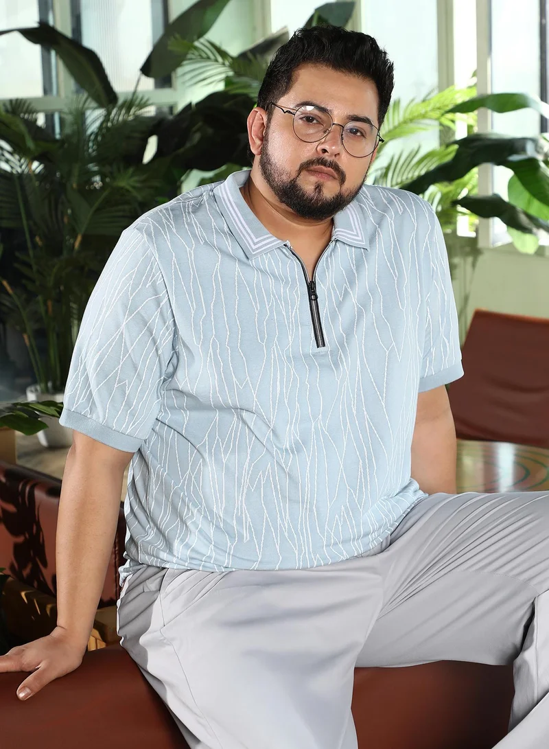 Men Crevice-Lined Polo T-Shirt | Tipping Polo Neck, Short Ribbed-Cuff Sleeves | Half-Button, Straight Hem | Abstract JacquardKnit Fabric For Plus Size Casual & Daily Wear | Pastel Blue