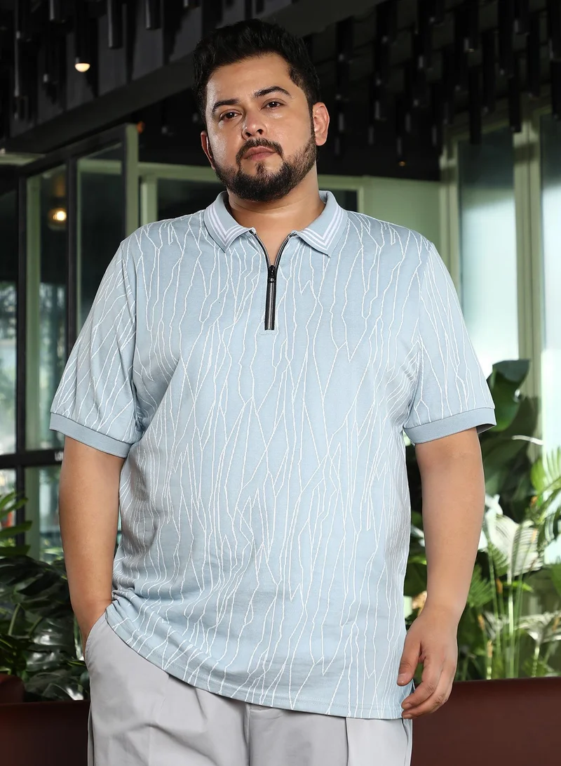 Instafab Plus Men Crevice-Lined Polo T-Shirt | Tipping Polo Neck, Short Ribbed-Cuff Sleeves | Half-Button, Straight Hem | Abstract JacquardKnit Fabric For Plus Size Casual & Daily Wear | Pastel Blue