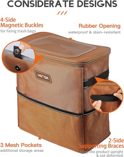 HOTOR 3 Gallons Car Trash Can, Ultra Large Capacity Organizer and Storage with Adjustable Straps & Magnetic Snaps, Waterproof Car Accessory for Interior Car Stuff Storage, Brown - Image 4