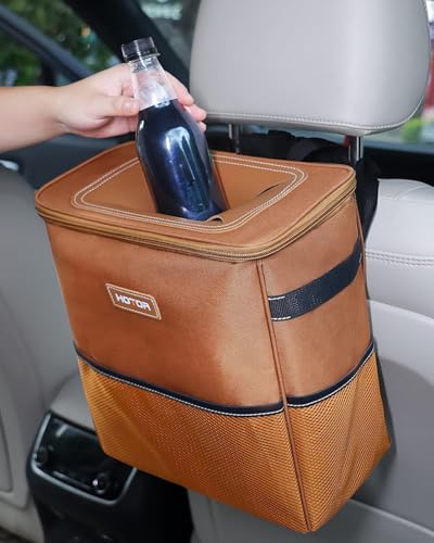 HOTOR 3 Gallons Car Trash Can, Ultra Large Capacity Organizer and Storage with Adjustable Straps & Magnetic Snaps, Waterproof Car Accessory for Interior Car Stuff Storage, Brown - Image 2