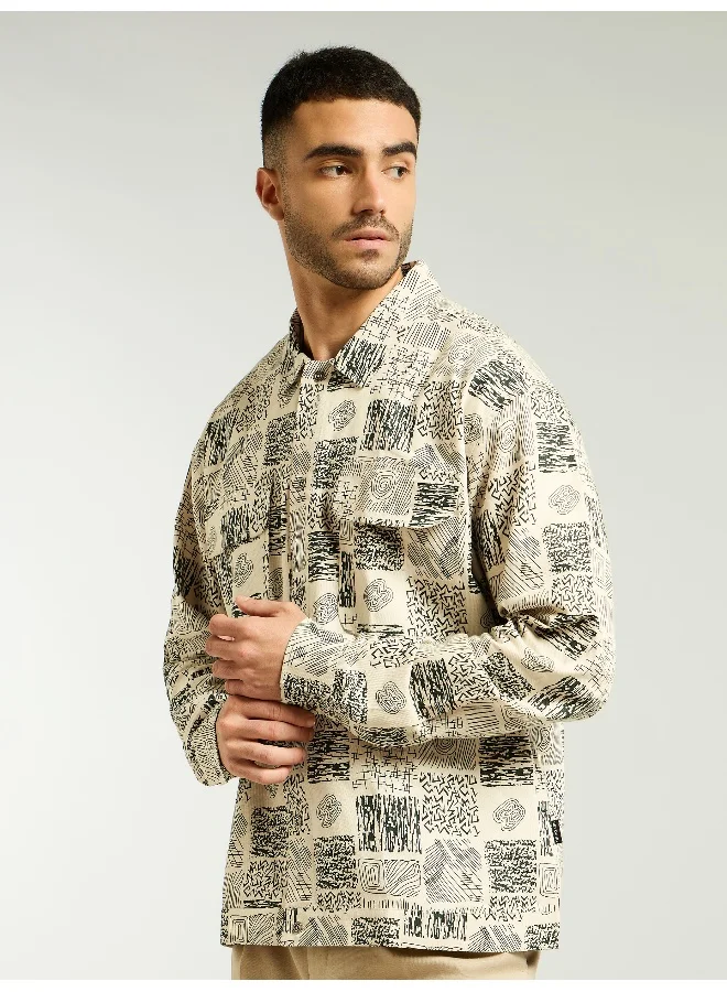 Beyoung Dark Green and Beige Cotton Print Shacket