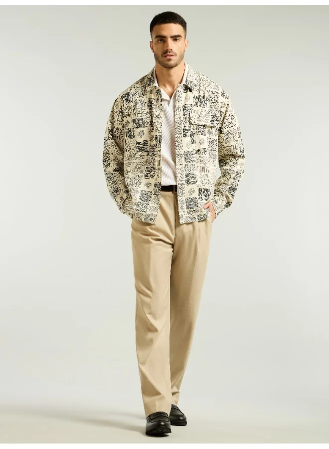 Beyoung Dark Green and Beige Cotton Print Shacket