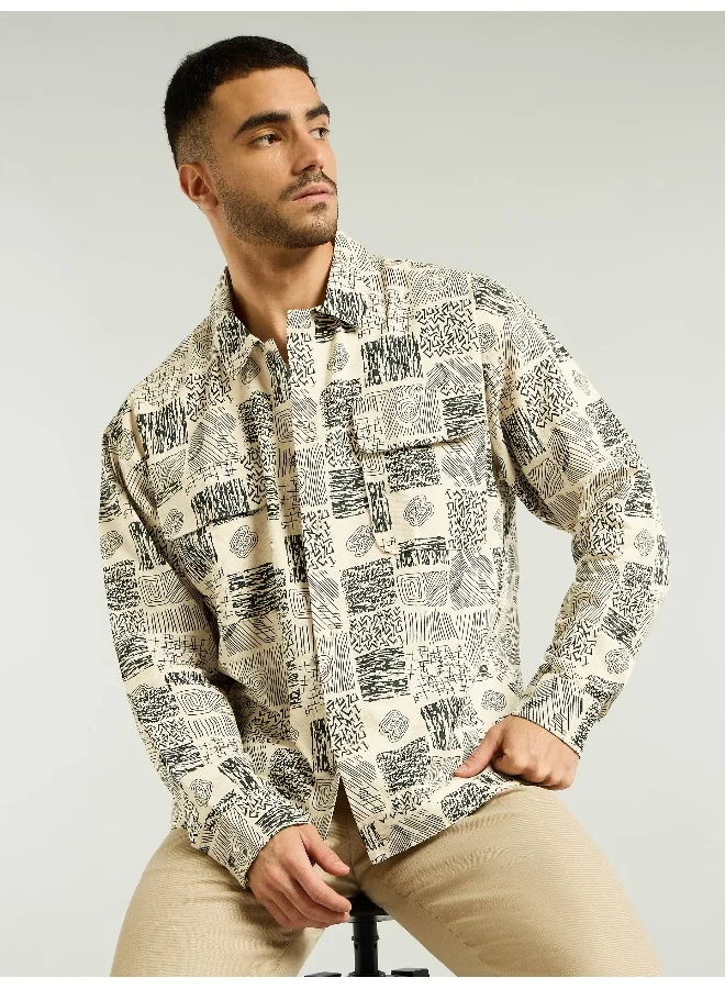 Beyoung Dark Green and Beige Cotton Print Shacket