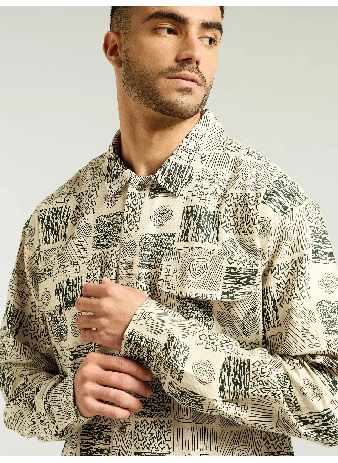 بيونغ Dark Green and Beige Cotton Print Shacket