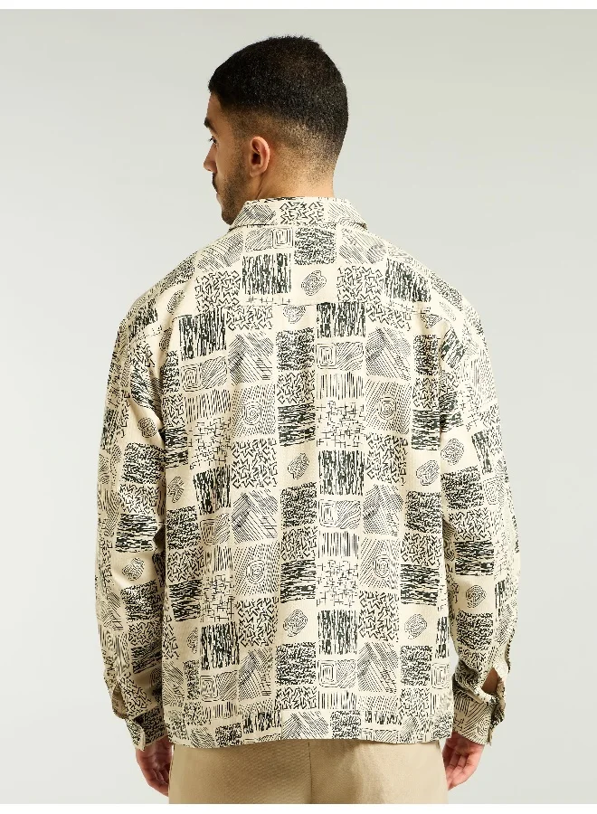 Beyoung Dark Green and Beige Cotton Print Shacket