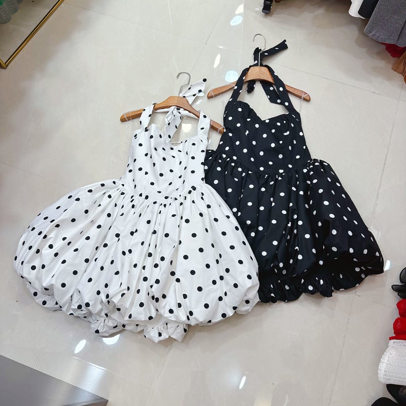 French Design Polka Dot Print Halter Bow Bubble Dress - Image 1