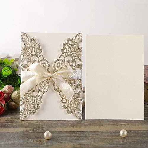 Hosmsua 20PCS 5.12 x 7.3'' Glitter Laser Cut Flora Wedding Invitation with Ribbons and Envelopes for Wedding Bridal Shower Engagement Sweet 16 Birthday (Champagne Glitter) - Image 5
