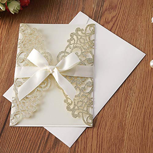 Hosmsua 20PCS 5.12 x 7.3'' Glitter Laser Cut Flora Wedding Invitation with Ribbons and Envelopes for Wedding Bridal Shower Engagement Sweet 16 Birthday (Champagne Glitter) - Image 4