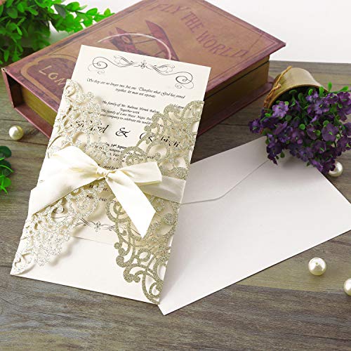 Hosmsua 20PCS 5.12 x 7.3'' Glitter Laser Cut Flora Wedding Invitation with Ribbons and Envelopes for Wedding Bridal Shower Engagement Sweet 16 Birthday (Champagne Glitter) - Image 3