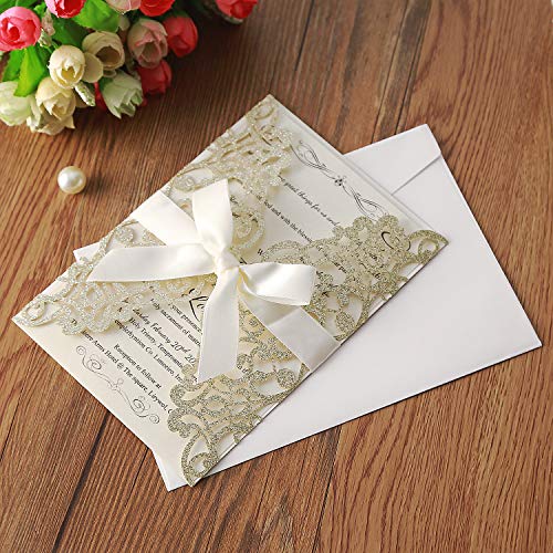Hosmsua 20PCS 5.12 x 7.3'' Glitter Laser Cut Flora Wedding Invitation with Ribbons and Envelopes for Wedding Bridal Shower Engagement Sweet 16 Birthday (Champagne Glitter) - Image 2