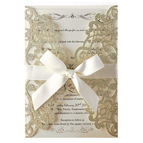 Hosmsua 20PCS 5.12 x 7.3'' Glitter Laser Cut Flora Wedding Invitation with Ribbons and Envelopes for Wedding Bridal Shower Engagement Sweet 16 Birthday (Champagne Glitter) - Image 1