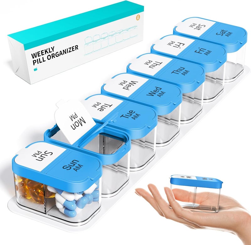 Odaro Extra Large Weekly Pill Organizer 2 Times A Day, XL Pill Box 7 Day Am Pm, Jumbo Medicine Organizer to Hold Daily Medicine Vitamin and Supplements - Blue