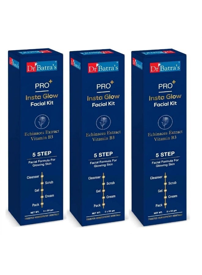 Dr Batra's PRO+ Insta Glow Facial Kit, Enriched with Echinacea extracts & B3, Reduces Blemishes, Face Wash for Clean Skin, Protection from Sun Damage, Moisturized Skin (250 gm Pack of 3) - Image 1