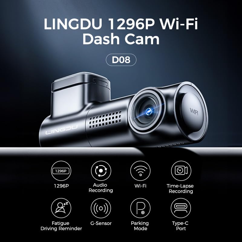LINGDU D08 1296P Full HD Dash Cam | WiFi G-Sensor Time Lapse Parking Mode | Night Vision Type-C Powered Fatigue Alert | Car Recorder Compact Design - Image 3