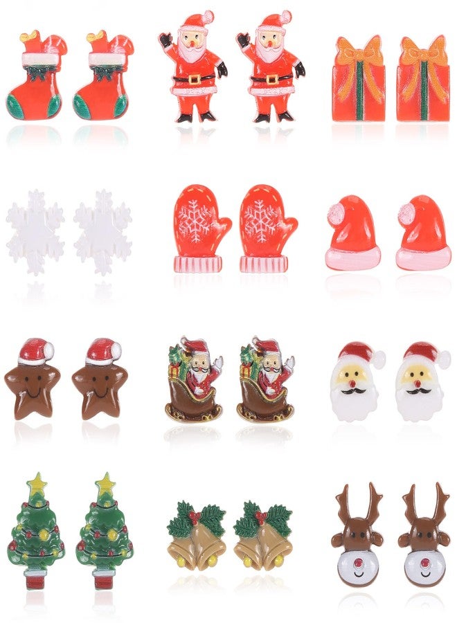 Spiritlele 12 Pairs Christmas Magnetic Earrings Set Resin Clip on Non Piercing Fake Earrings for Women Party - Image 1