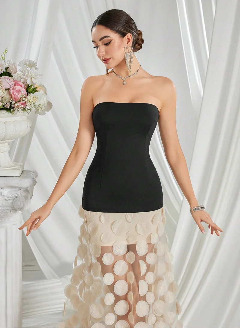 Madam Uniq Strapless Two - Tone Maxi Dress with Circular Applique Skirt