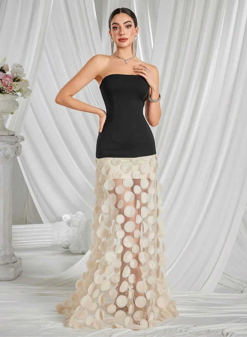 Madam Uniq Strapless Two - Tone Maxi Dress with Circular Applique Skirt