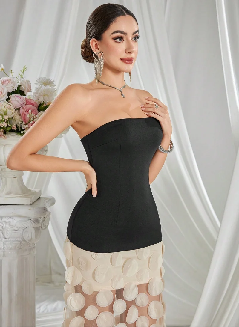 Madam Uniq Strapless Two - Tone Maxi Dress with Circular Applique Skirt
