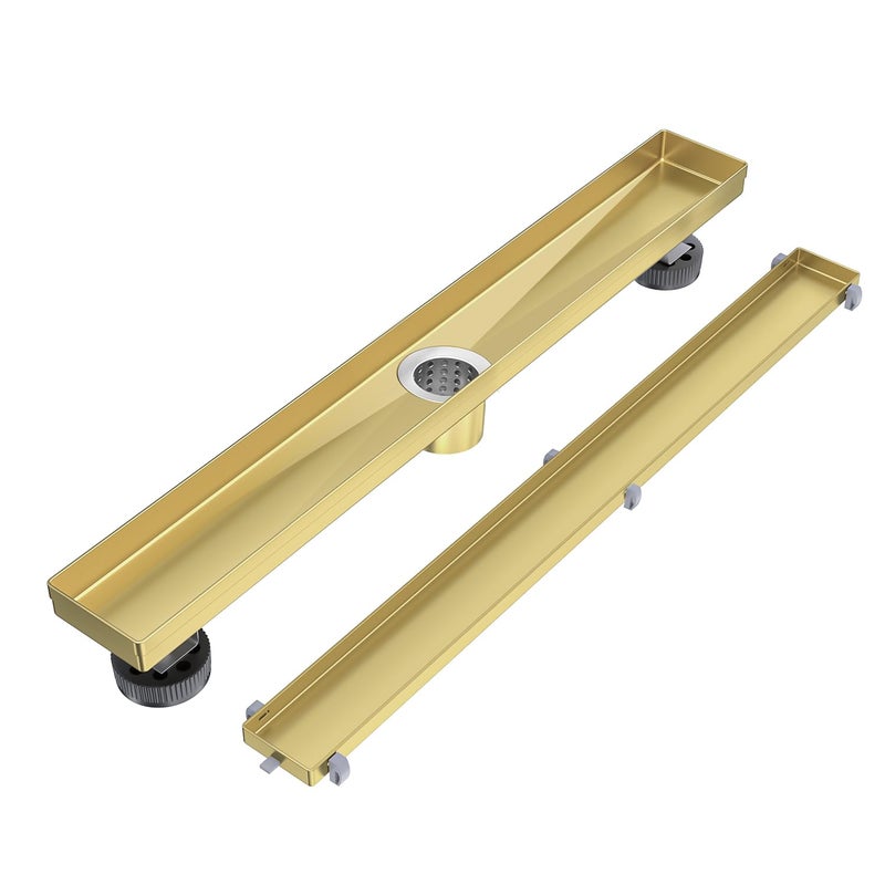 EXF Linear Shower Drain 24 Inch Brushed Gold Tile Insert Stainless Steel Rectangle Shower Floor Drain Cover with Hair Catcher Adjustable Feet