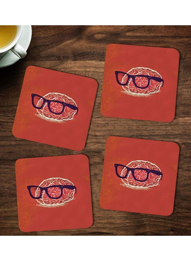 ASHVAH Brain Print/Typography Tea/Coffee Mug/Designer Handmade Wooden Coaster Set for Home Kitchen, Office Desk - Set of 4 - Square: 10cm - Image 1