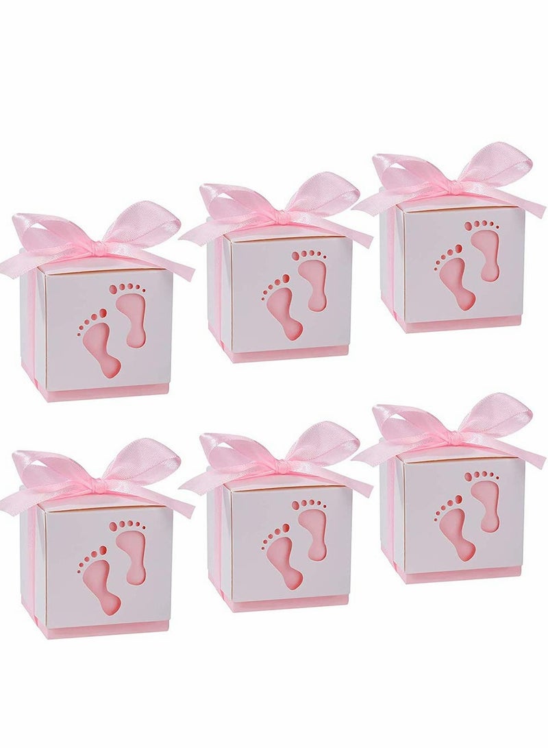 Candy Favour Gift Boxes, Ribbon Candy Gift Box, 25 Pieces Baby Candy Boxes, Baby Footprints Candy Boxes, for Baby Showers, Kids Birthday, Wedding Party, Party (Pink) - Image 1