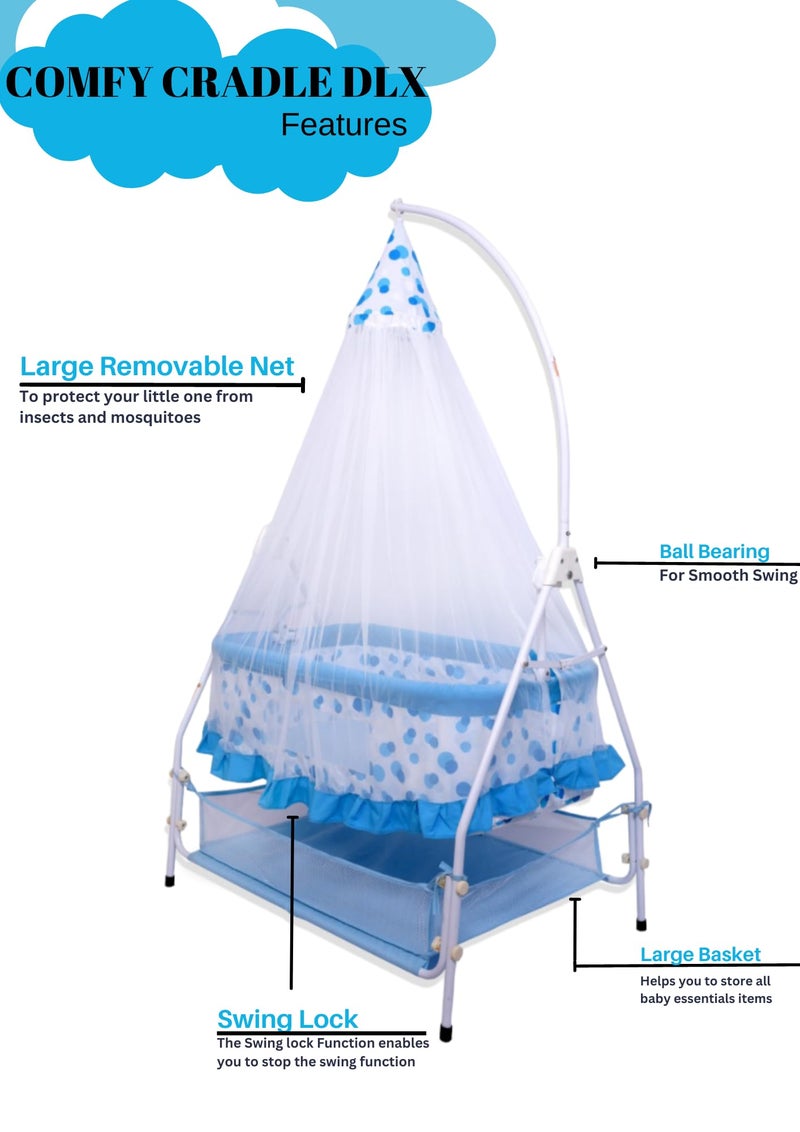 Infanto Deluxe Baby Cradle Jhula/Palna with Storage Basket | Smooth Ball Bearing Swing Lock and Sturdy Metal Frame | Comfortable Baby Bedding Bed for Infants | up to 12 Months | Blue - Image 4