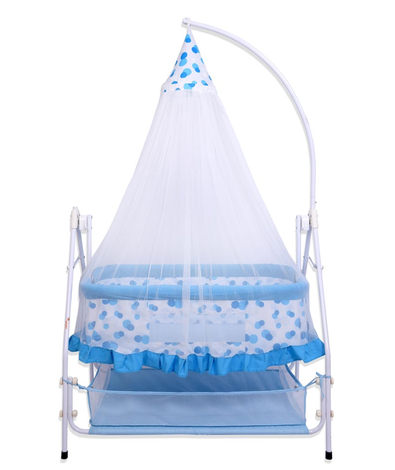 Infanto Deluxe Baby Cradle Jhula/Palna with Storage Basket | Smooth Ball Bearing Swing Lock and Sturdy Metal Frame | Comfortable Baby Bedding Bed for Infants | up to 12 Months | Blue - Image 1