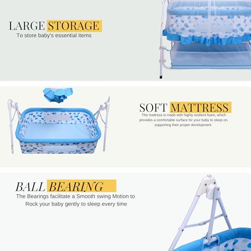 Infanto Deluxe Baby Cradle Jhula/Palna with Storage Basket | Smooth Ball Bearing Swing Lock and Sturdy Metal Frame | Comfortable Baby Bedding Bed for Infants | up to 12 Months | Blue - Image 2