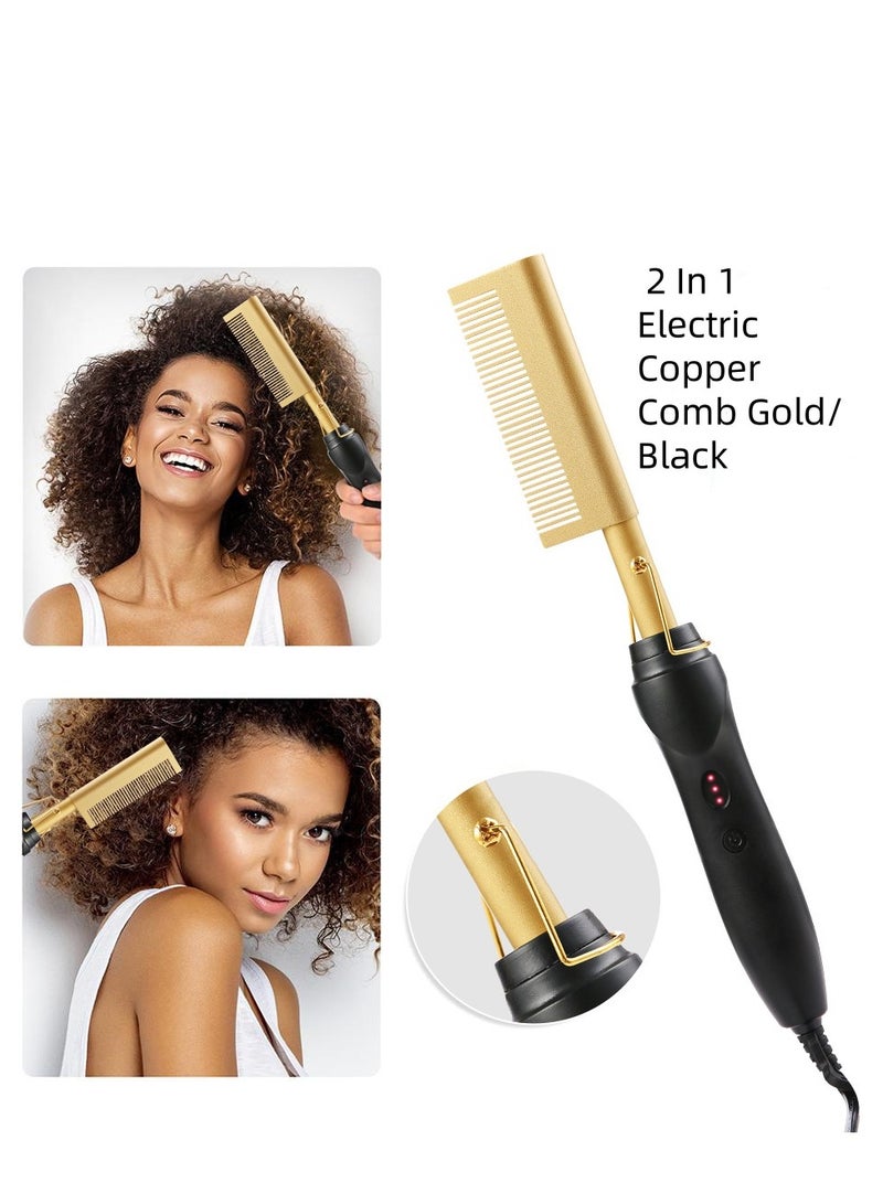 فرد الشعر بالمشط الساخن، مشط كهربائي ساخن، 2 في 1 سريع التسخين لفرد الشعر، مشط سيراميك ساخن، فرشاة تمليس الشعر المحمولة الآمنة (ذهبي) - Image 1