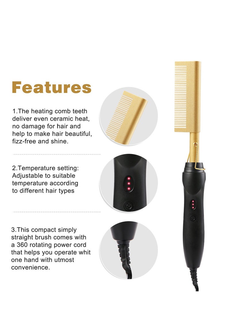 فرد الشعر بالمشط الساخن، مشط كهربائي ساخن، 2 في 1 سريع التسخين لفرد الشعر، مشط سيراميك ساخن، فرشاة تمليس الشعر المحمولة الآمنة (ذهبي) - Image 2