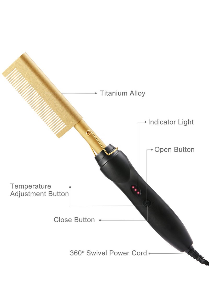 فرد الشعر بالمشط الساخن، مشط كهربائي ساخن، 2 في 1 سريع التسخين لفرد الشعر، مشط سيراميك ساخن، فرشاة تمليس الشعر المحمولة الآمنة (ذهبي) - Image 3