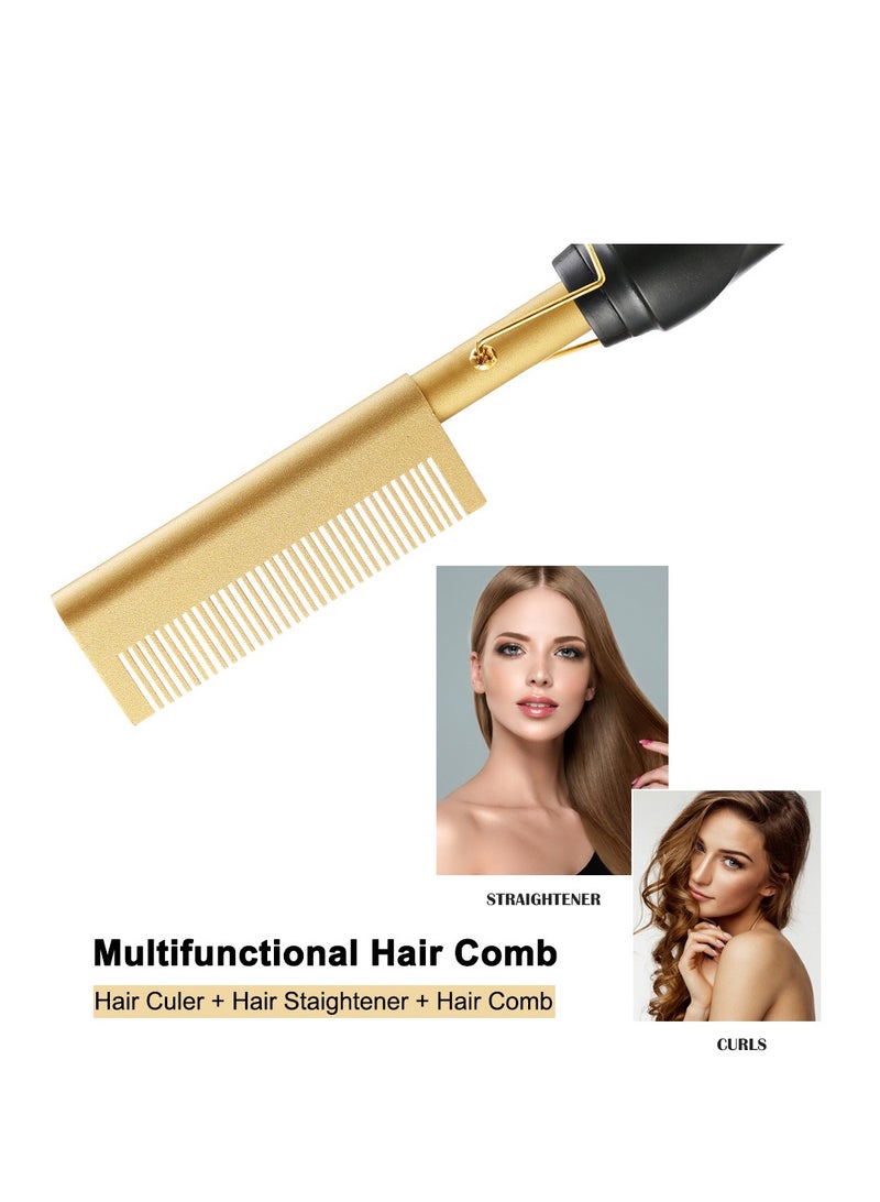 فرد الشعر بالمشط الساخن، مشط كهربائي ساخن، 2 في 1 سريع التسخين لفرد الشعر، مشط سيراميك ساخن، فرشاة تمليس الشعر المحمولة الآمنة (ذهبي) - Image 4