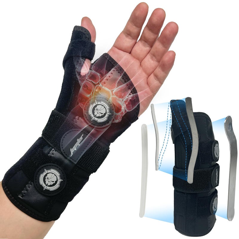 Jupiter Left Hand Wrist Brace with Thumb Support - Day & Night Splint for Carpal Tunnel, De Quervains Tenosynovitis, Tendonitis - S/M - Women & Men, Black-Gray - Image 1